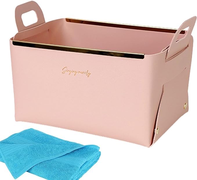 waqif Storage Box collapsible leather storage bin laundry basket collapsible hamper desktop basket blanket storage basket decorative desk organizer paper Metal Wardrobe Simple child (Peach) - Image 1