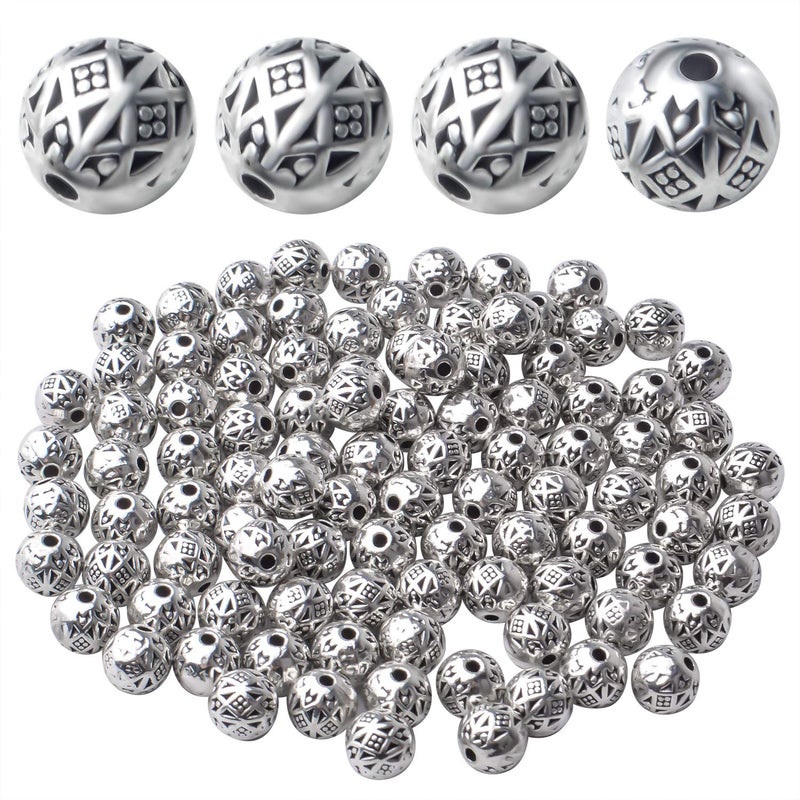 BronaGrand 100pcs Antique Silver Tibetan Bead Spacers Alloy Rondelle Ball Spacers Loose Beads Jewelry Round Beads for DIY Crafts Supplies Jewelry Making6MM