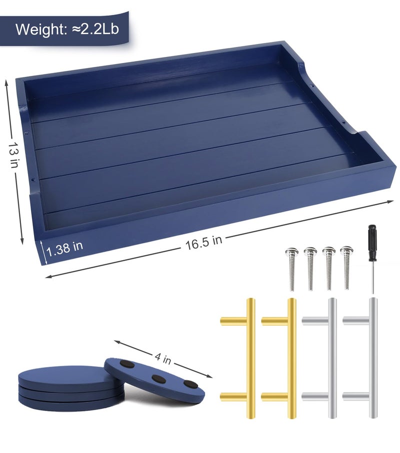 SXNOWS Coffee Table Tray - Large Ottoman Tray for Living Room - Wood Serving Tray with 2 Sets of Handles - Wooden Trays for Coffee Tables, 4 Round Coasters Included, Deep Blue - Image 3