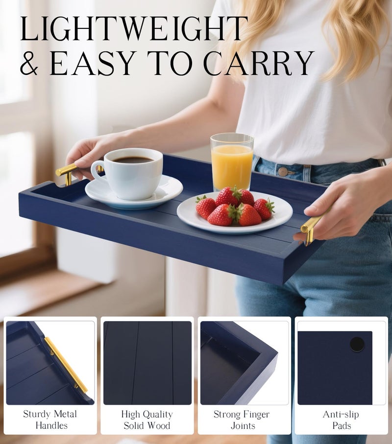 SXNOWS Coffee Table Tray - Large Ottoman Tray for Living Room - Wood Serving Tray with 2 Sets of Handles - Wooden Trays for Coffee Tables, 4 Round Coasters Included, Deep Blue - Image 4