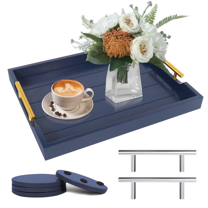 SXNOWS Coffee Table Tray - Large Ottoman Tray for Living Room - Wood Serving Tray with 2 Sets of Handles - Wooden Trays for Coffee Tables, 4 Round Coasters Included, Deep Blue - Image 1