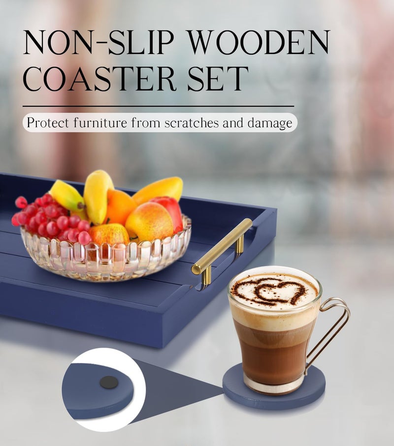 SXNOWS Coffee Table Tray - Large Ottoman Tray for Living Room - Wood Serving Tray with 2 Sets of Handles - Wooden Trays for Coffee Tables, 4 Round Coasters Included, Deep Blue - Image 5