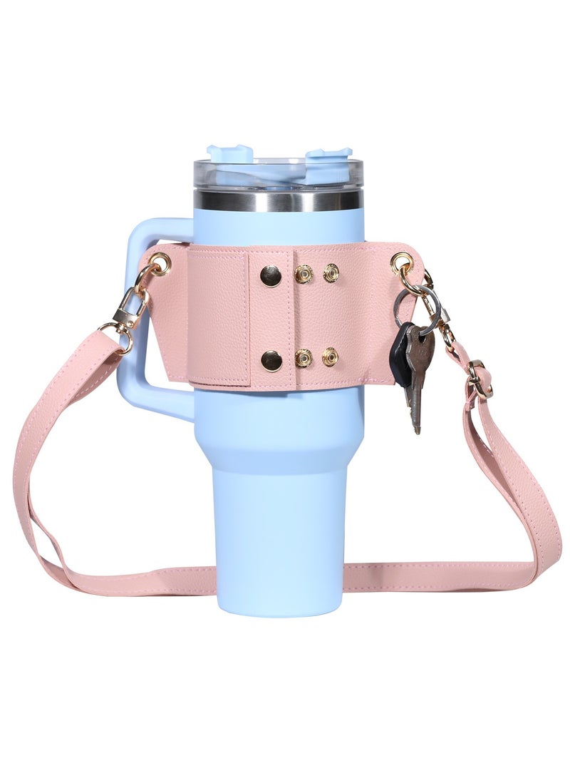 PU Leather Water Bottle Holder Water Bottle Sleeve With Adjustable Shoulder Strap For Stanley 30oz 40oz Cup (Pink)  - Image 1