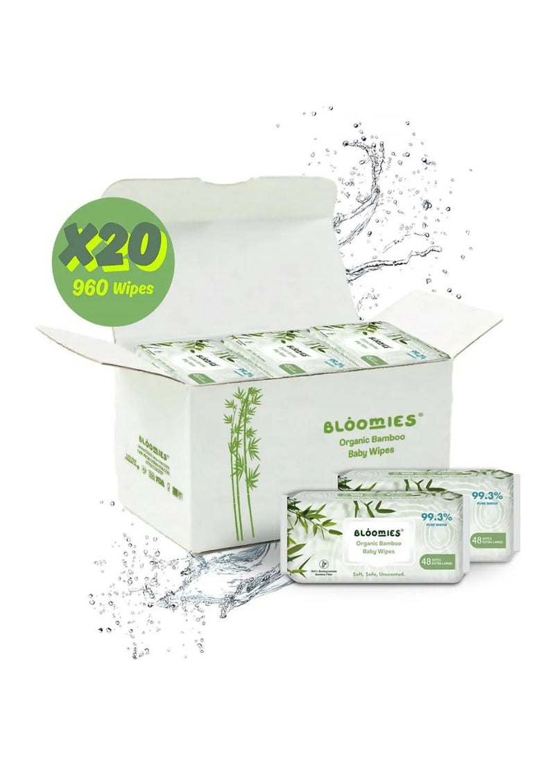 Bloomies Organic Bamboo Baby Wet Wipes, Unscented, 100% Biodegradable Bamboo Fiber, Gentle On Skin, Extra Large, 0 Month+, Pack of 20 - 960 Pieces - Image 1