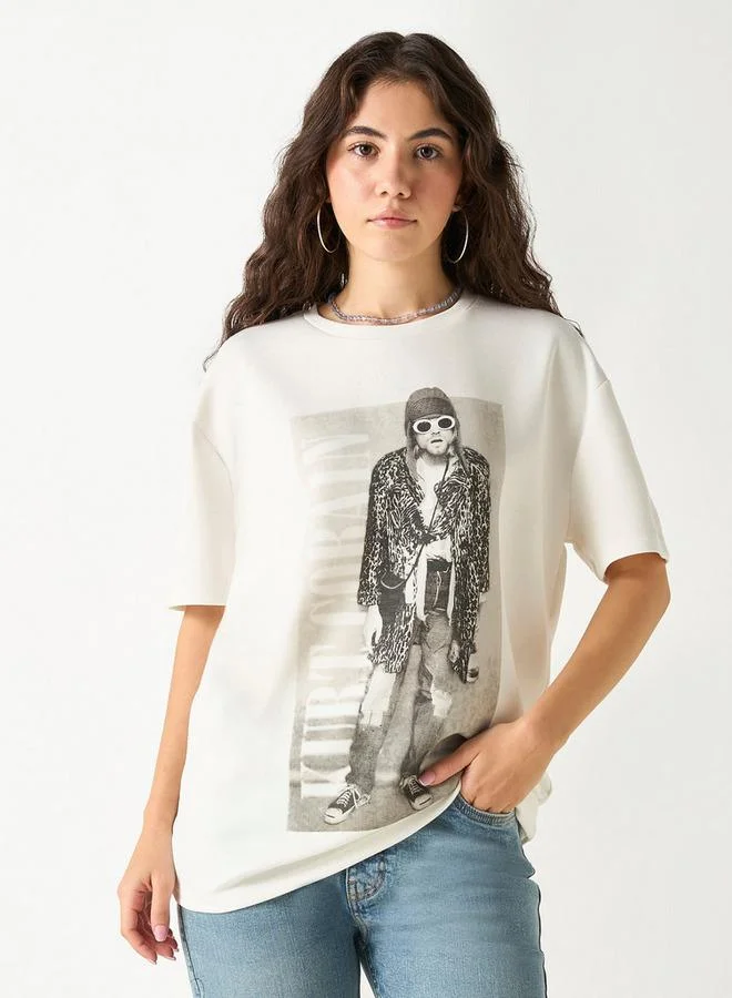 SP Characters Kurt Cobain Print T-shirt with Crew Neck and Short Sleeves