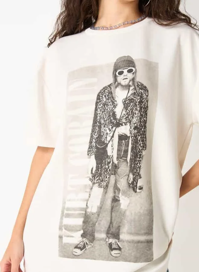 SP Characters Kurt Cobain Print T-shirt with Crew Neck and Short Sleeves