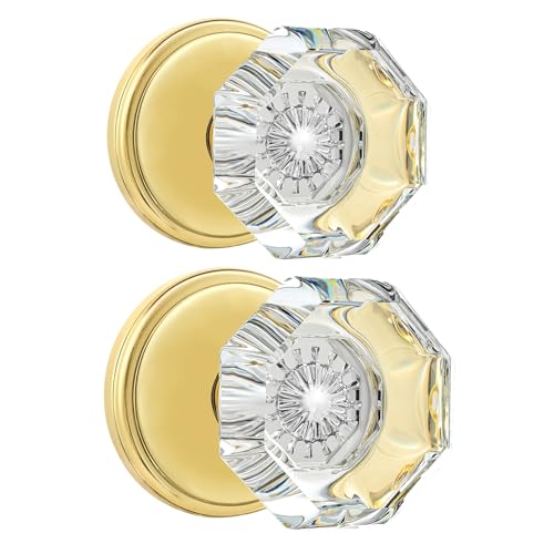 CLCTK 2 Pack Crystal Dummy Door Knobs, Non-Turning Single Side Dummy Door Knob Set, Polished Brass/Gold - Image 1