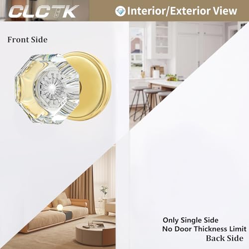 CLCTK 2 Pack Crystal Dummy Door Knobs, Non-Turning Single Side Dummy Door Knob Set, Polished Brass/Gold - Image 2