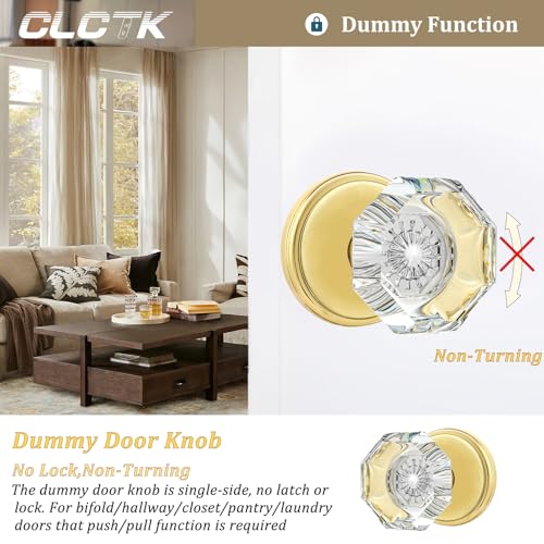 CLCTK 2 Pack Crystal Dummy Door Knobs, Non-Turning Single Side Dummy Door Knob Set, Polished Brass/Gold - Image 3