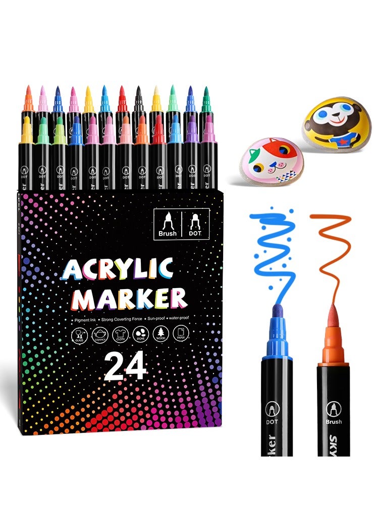Generic 24-Piece Dot Tip And Brush Tip Acrylic Paint Markers Set, Opaque Waterproof And Sunproof Dual Tip Acrylic Colored Pens For Paper,Pottery,Glass,Plastic,Cloth, Suitiable for Child, Adult and Artist to DIY art  - Image 1