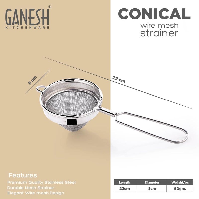 GANESH منخل شاي مخروطي/شاي شهلني/منخل قهوة/فلتر شاي/فلتر عصير وزيت مع مقبض سلكي وفولاذ مقاوم للصدأ - مجموعة من 2 - Image 3
