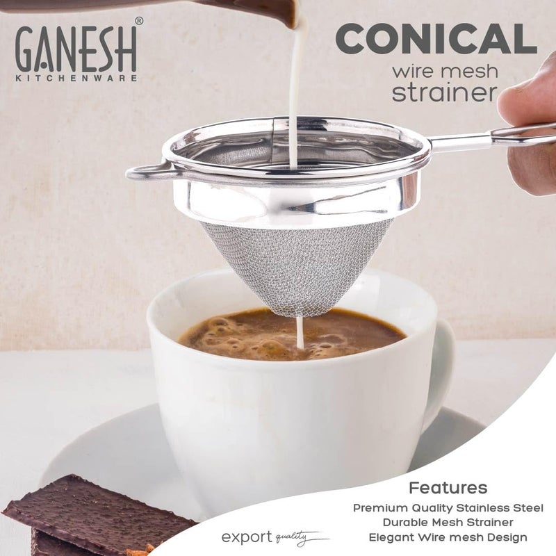 GANESH منخل شاي مخروطي/شاي شهلني/منخل قهوة/فلتر شاي/فلتر عصير وزيت مع مقبض سلكي وفولاذ مقاوم للصدأ - مجموعة من 2 - Image 5