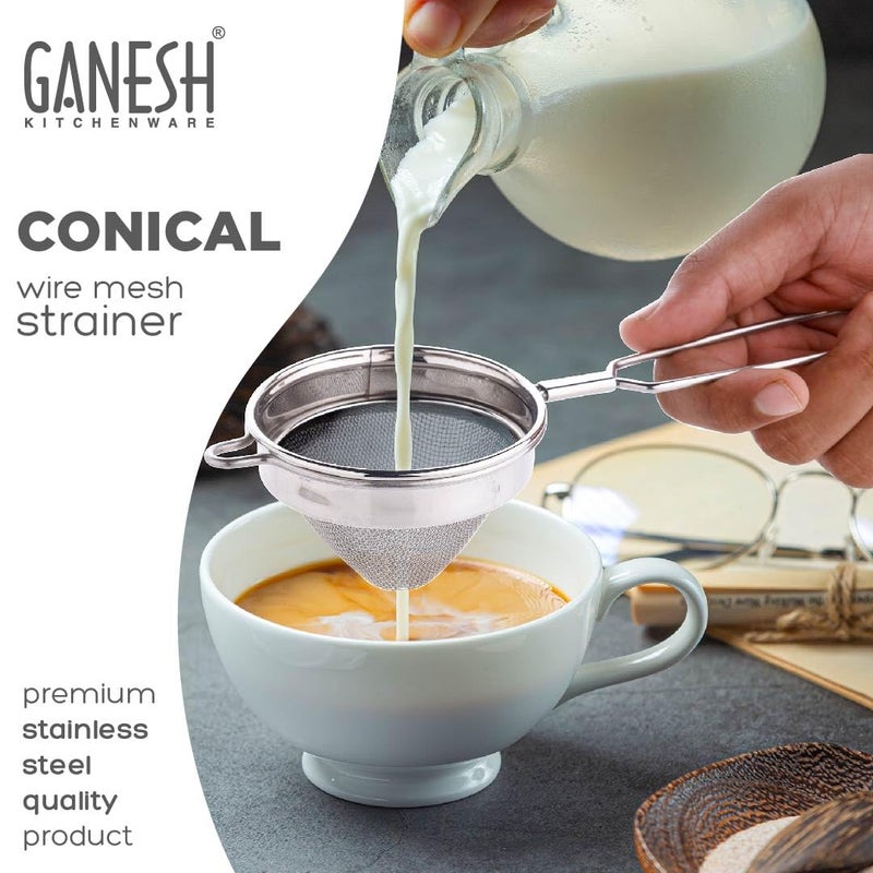 GANESH منخل شاي مخروطي/شاي شهلني/منخل قهوة/فلتر شاي/فلتر عصير وزيت مع مقبض سلكي وفولاذ مقاوم للصدأ - مجموعة من 2 - Image 4