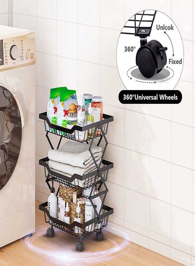 Cloyster Stackable Extensible Metal Wire Basket with Wheels, Fruit and Vegetable Storage Rack No Need to Set up, Suitable for Kitchen Cabinet Closet Bedroom Bathroom (3 TIER) - Image 4