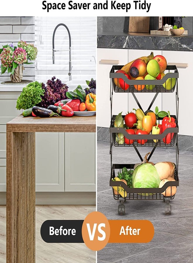 Cloyster Stackable Extensible Metal Wire Basket with Wheels, Fruit and Vegetable Storage Rack No Need to Set up, Suitable for Kitchen Cabinet Closet Bedroom Bathroom (3 TIER) - Image 3