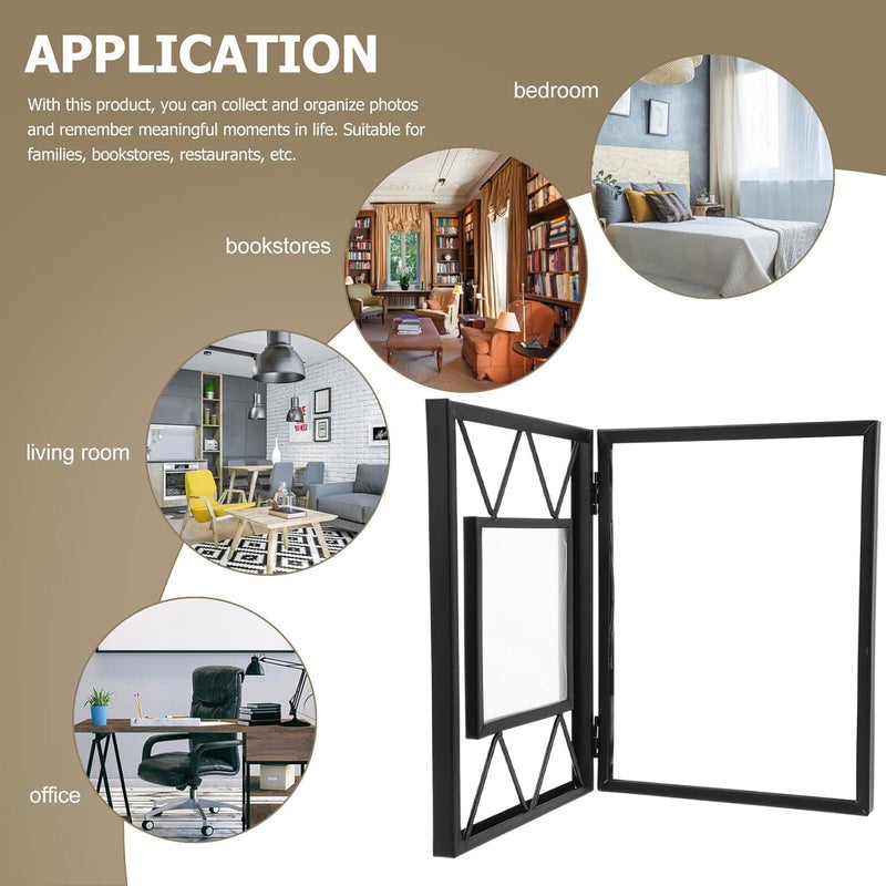 Healifty Metal Double Folding Photo Frame, Black Iron Desktop Picture Holder with Glass, Home and Office Tabletop Photo Display for Graduation and Decor - Image 5