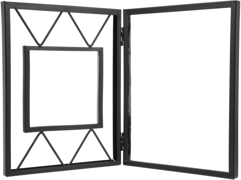 Healifty Metal Double Folding Photo Frame, Black Iron Desktop Picture Holder with Glass, Home and Office Tabletop Photo Display for Graduation and Decor - Image 1