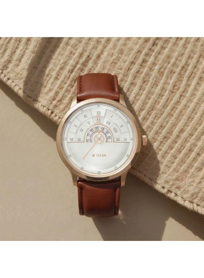 TITAN Grandmaster Quartz Analog White Dial Brown Leather Strap Watch for Men - 1828QL02