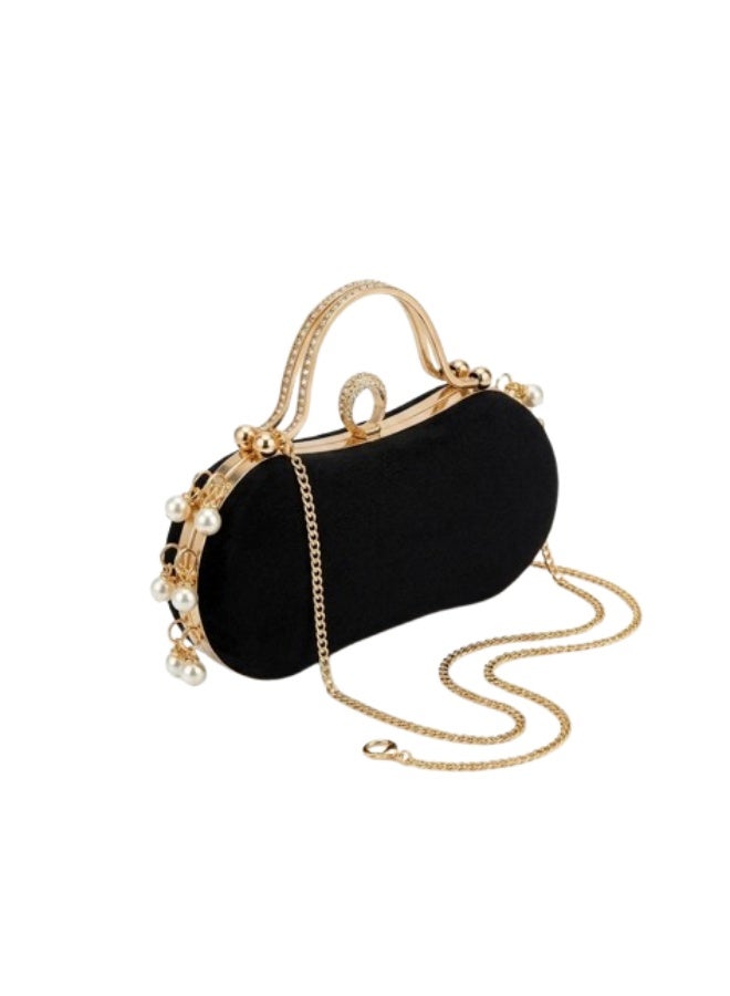 Luxury Evening Clutch Bag - Black and Gold Crescent Design with Rhinestones, Top Handle, and Pearl Accents - Exceptional Elegance for Every Occasion. Size: 20*10 cm - Image 1