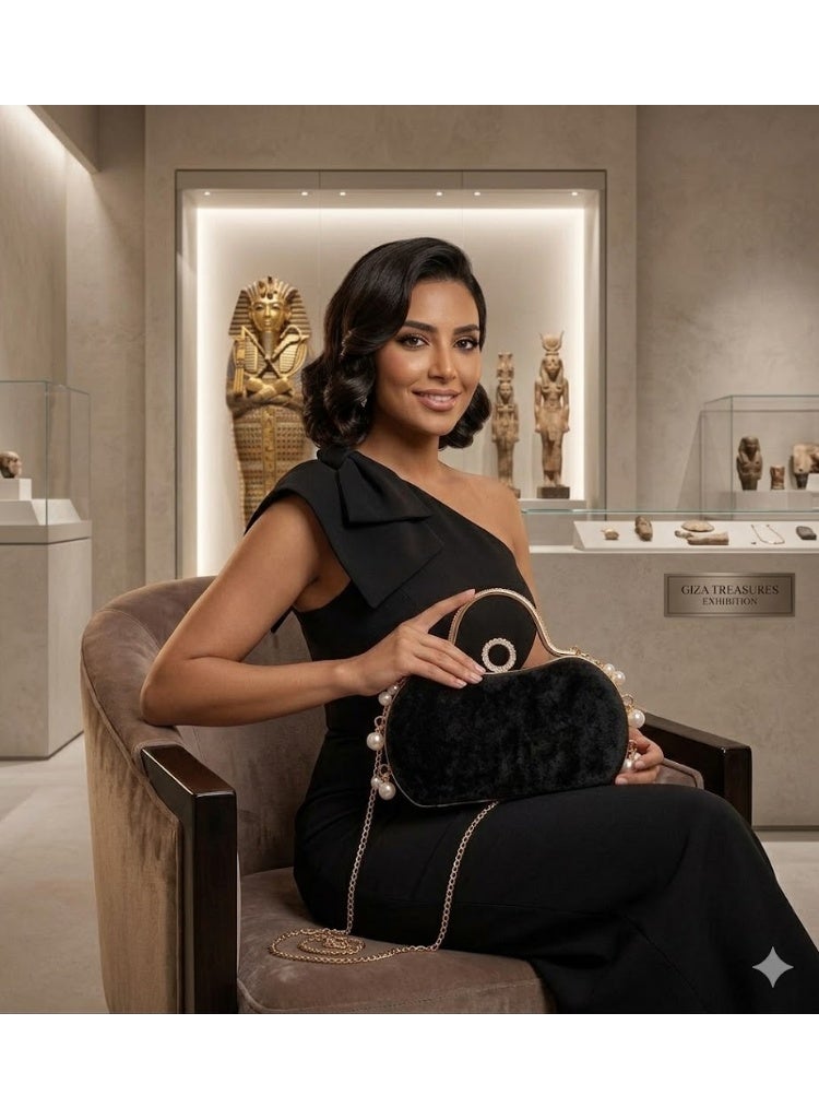 Luxury Evening Clutch Bag - Black and Gold Crescent Design with Rhinestones, Top Handle, and Pearl Accents - Exceptional Elegance for Every Occasion. Size: 20*10 cm - Image 2