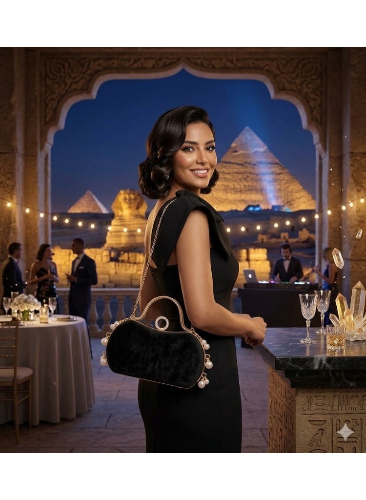 Luxury Evening Clutch Bag - Black and Gold Crescent Design with Rhinestones, Top Handle, and Pearl Accents - Exceptional Elegance for Every Occasion. Size: 20*10 cm - Image 4