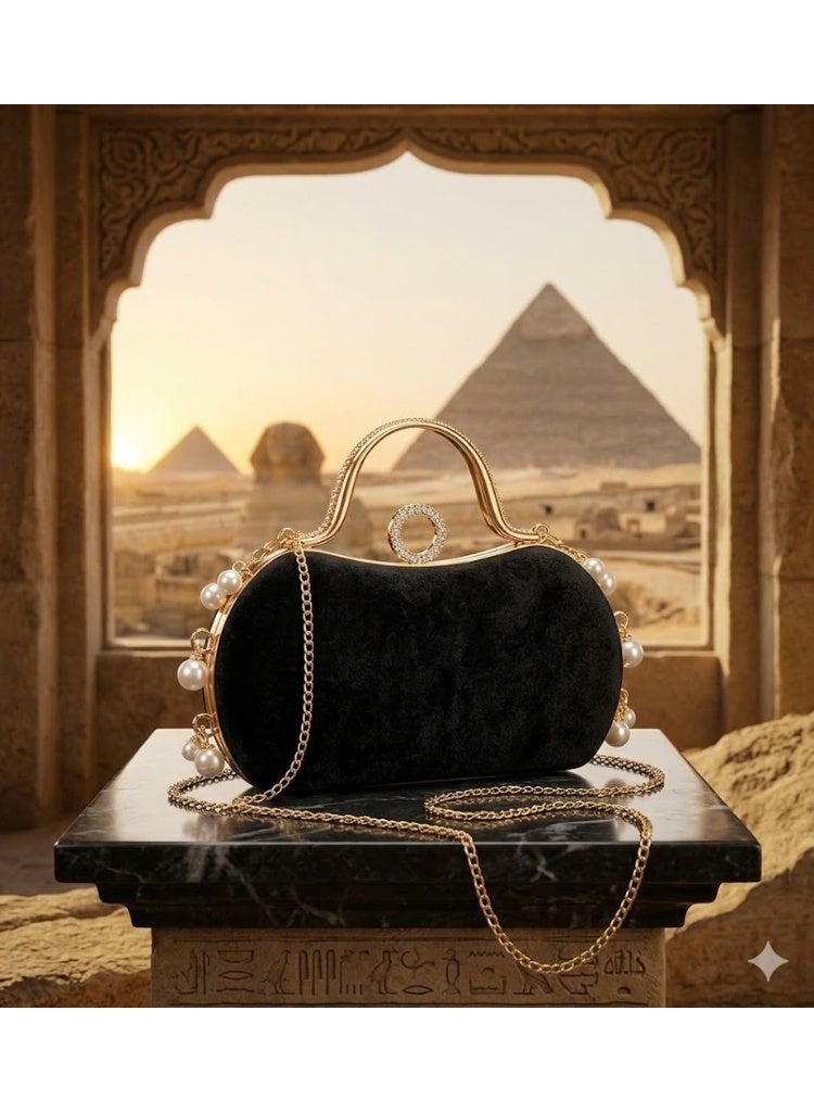 Luxury Evening Clutch Bag - Black and Gold Crescent Design with Rhinestones, Top Handle, and Pearl Accents - Exceptional Elegance for Every Occasion. Size: 20*10 cm - Image 3