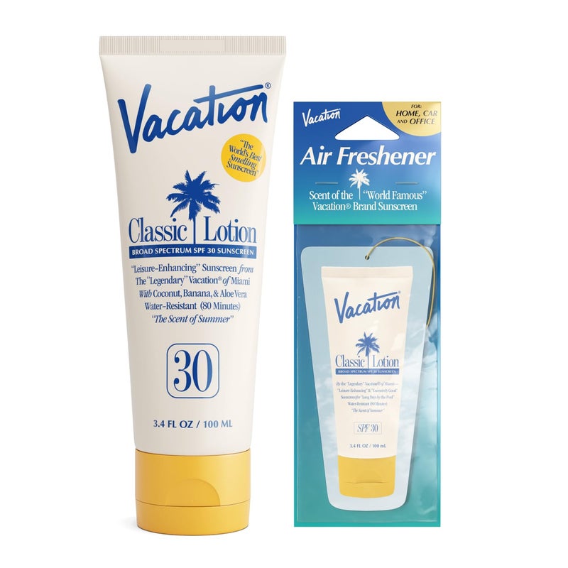 Vacation Classic Sunscreen Lotion SPF 30  Air Freshener Bundle WaterResistant Lightweight Transparent on All Skin Tones DermatologistTested Vegan Travel Size 34 Fl Oz