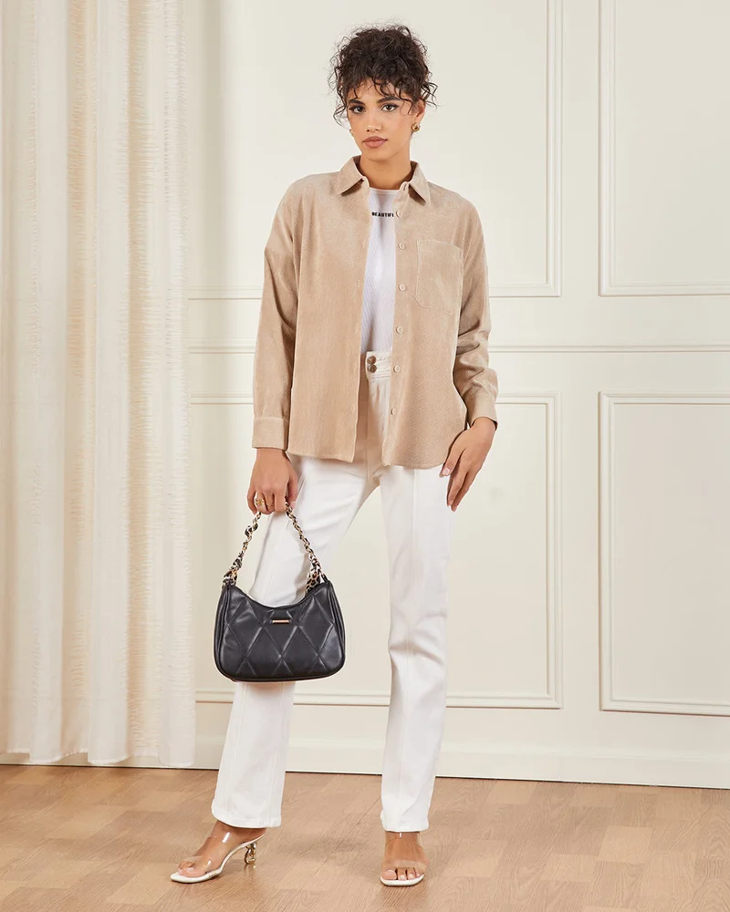REDTAG Women Beige Couduroy Button Down Shirt