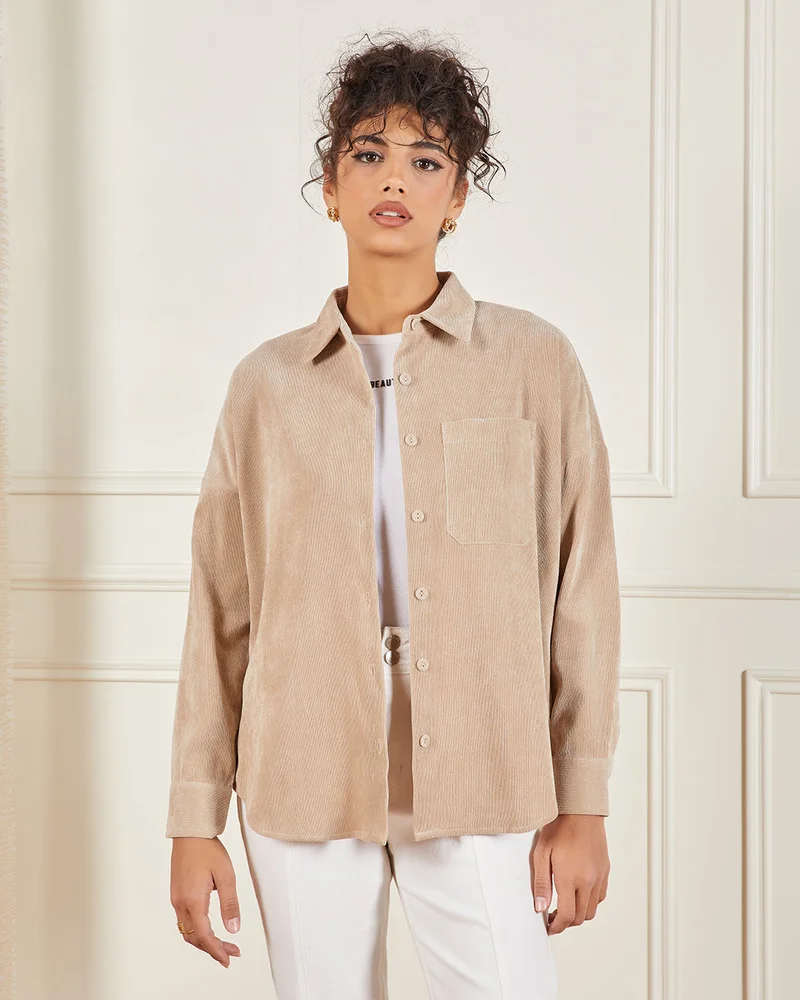 REDTAG Women Beige Couduroy Button Down Shirt