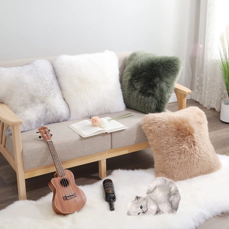 LLB Genuine Sheepskin Throw Pillow Covers Fluffy Decorative Square Couch Pillow Covers 18x18 Pillowcase for Sofa Bedroom Living Room, No Pillow Insert (Long Wool Cream Brown, 18x18 Inch (Pack of 1)) - Image 4