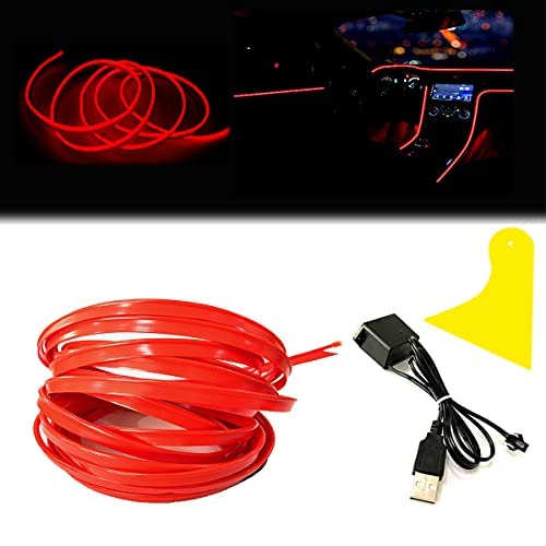 Maxlaxer El Wire Red Interior Car LED Strip Lights, 5M Neon Wire USB 5V with Fuse Protection for Automotive Interior Decoration, with 6mm Sewing Edge - Image 1
