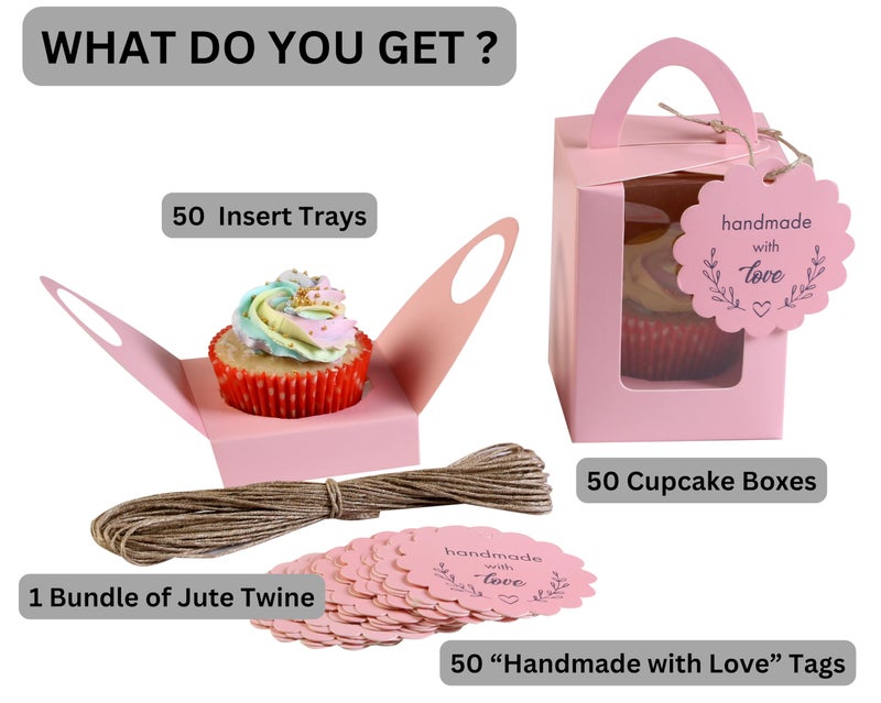 mudrit Paper 50Pcs Individual Cupcake Boxes, Single Cupcake Containers, Cupcake Carriers With Handle, Clear Window, Insert Trays, Tags And Jute Twine (Pink) - Image 2