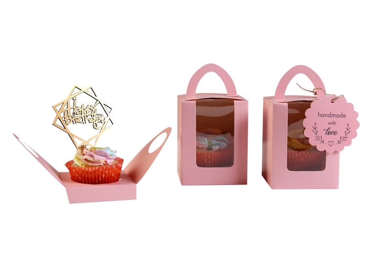 mudrit Paper 50Pcs Individual Cupcake Boxes, Single Cupcake Containers, Cupcake Carriers With Handle, Clear Window, Insert Trays, Tags And Jute Twine (Pink) - Image 4