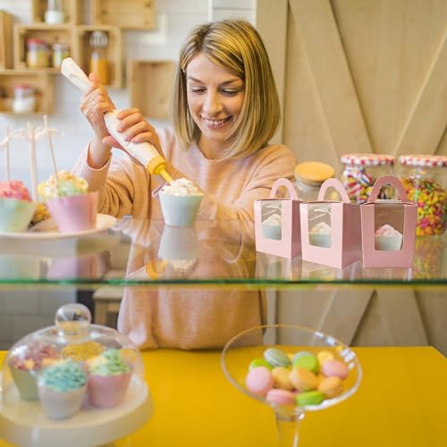 mudrit Paper 50Pcs Individual Cupcake Boxes, Single Cupcake Containers, Cupcake Carriers With Handle, Clear Window, Insert Trays, Tags And Jute Twine (Pink) - Image 5