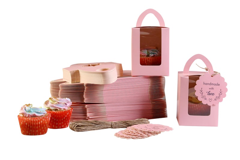 mudrit Paper 50Pcs Individual Cupcake Boxes, Single Cupcake Containers, Cupcake Carriers With Handle, Clear Window, Insert Trays, Tags And Jute Twine (Pink) - Image 1