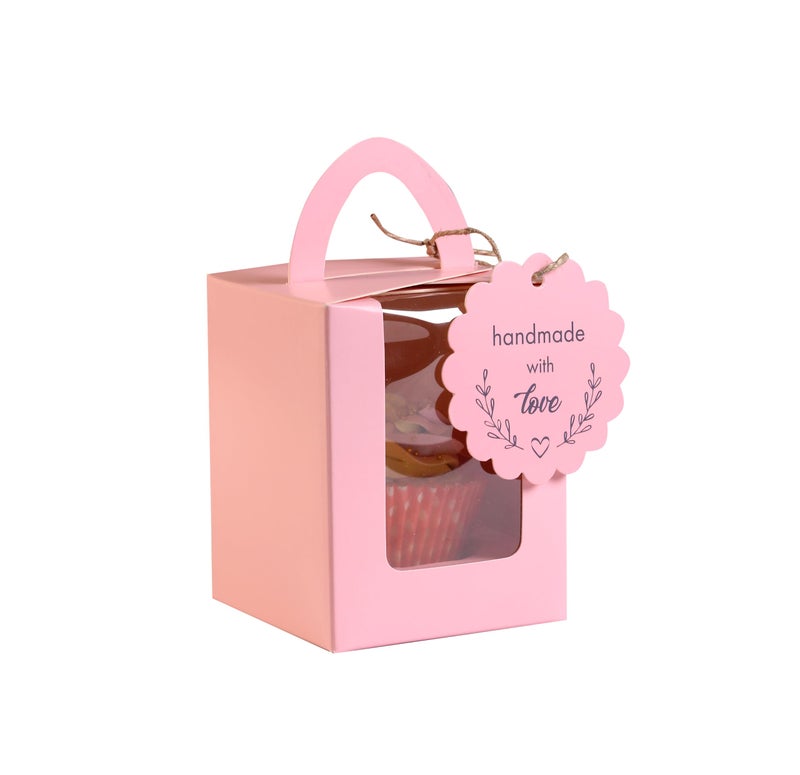 mudrit Paper 50Pcs Individual Cupcake Boxes, Single Cupcake Containers, Cupcake Carriers With Handle, Clear Window, Insert Trays, Tags And Jute Twine (Pink) - Image 3