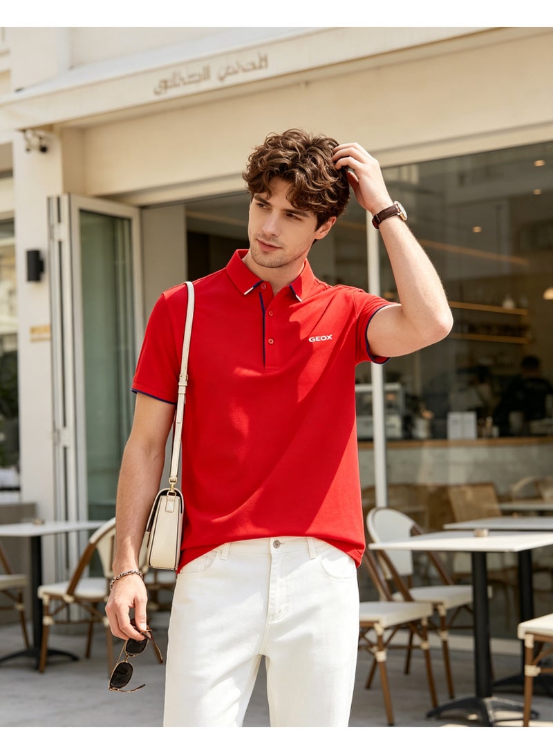 GEOX Men Short Sleeve Collared Polo Shirt Festive Holiday Daily Wear Top Bright Red - Image 4