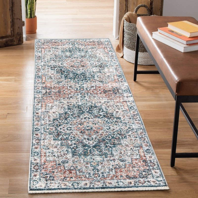 Bloom Rugs Bloom Rugs Caria Washable Non-Slip 12 ft Runner - Terracotta/Teal Traditional Runner for Entryway  Hallway  Bathroom  and Kitchen - Exact Size: 2'6"" x 12'  - Image 1
