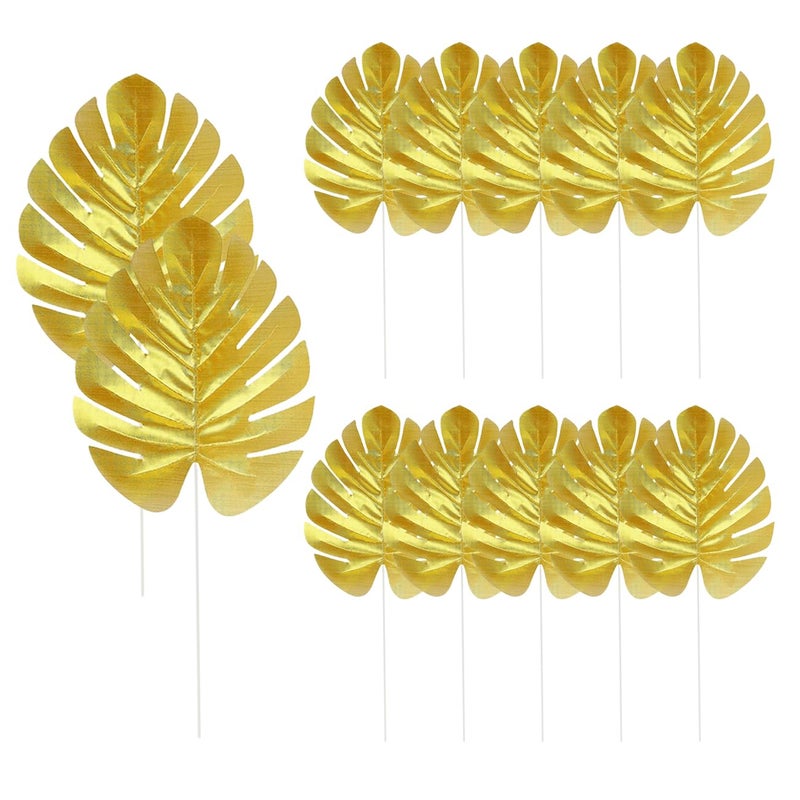MARRTEUM 12 Pieces Artificial Palm Leaves  Golden Faux Tropical Monstera Leaves for Safari Jungle Hawaiian Luau Party  Table and Wall Decorations