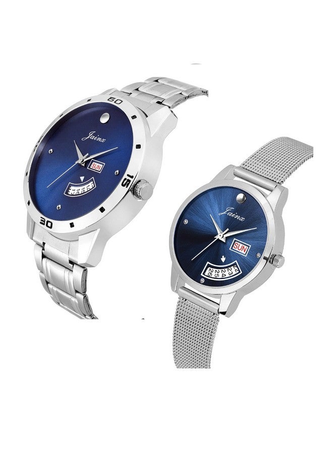 jainx Day and Date Blue Dial Steel Chain Analog Wrist Watch for Couple - JC479 - Image 4