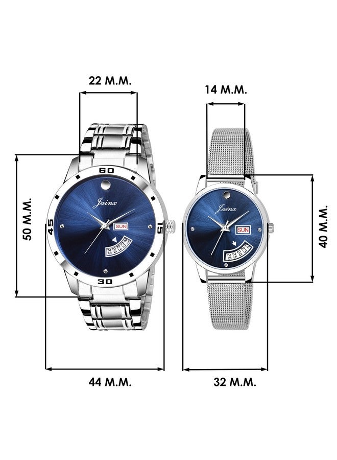 jainx Day and Date Blue Dial Steel Chain Analog Wrist Watch for Couple - JC479 - Image 2