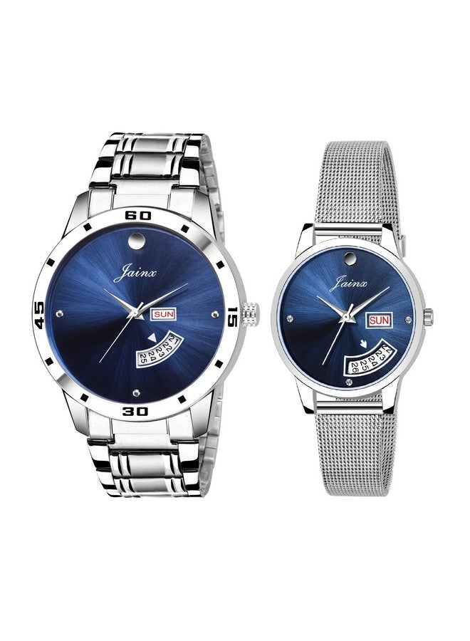 jainx Day and Date Blue Dial Steel Chain Analog Wrist Watch for Couple - JC479 - Image 1