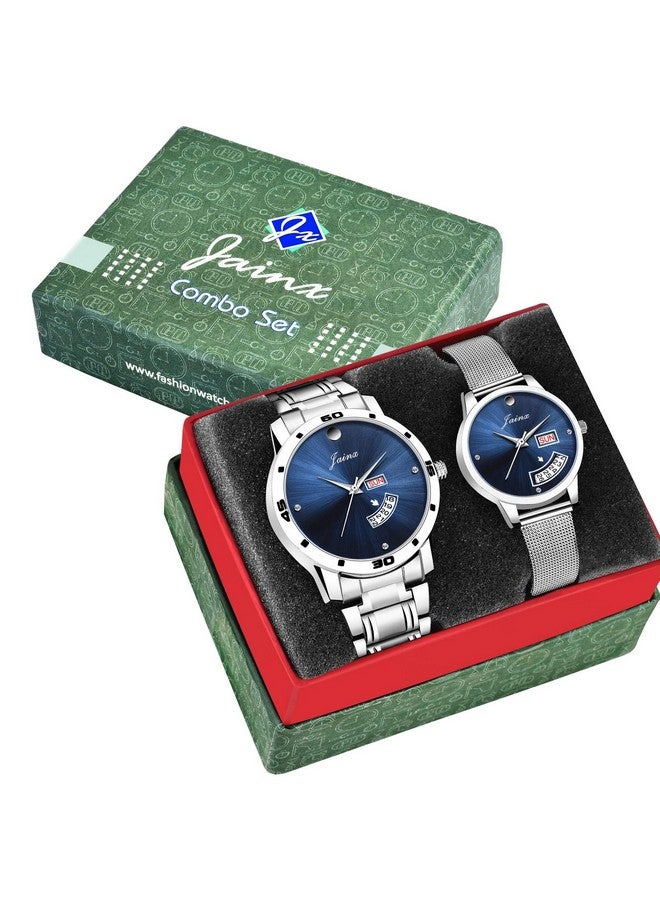 jainx Day and Date Blue Dial Steel Chain Analog Wrist Watch for Couple - JC479 - Image 3