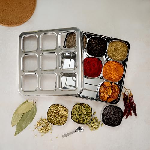 Aavjo Square Stainless Steel Masala Spice Dabba Organiser Container | Dry Fruits Storage Box with 9 Slotted See Through Lid | Kitchen Airtight Stackable Box - Image 1