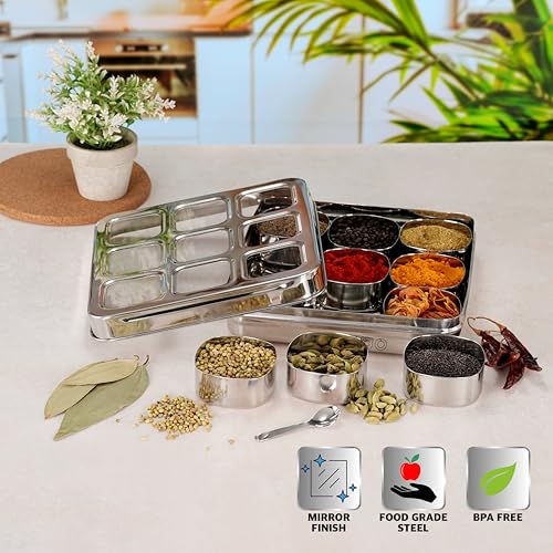 Aavjo Square Stainless Steel Masala Spice Dabba Organiser Container | Dry Fruits Storage Box with 9 Slotted See Through Lid | Kitchen Airtight Stackable Box - Image 5