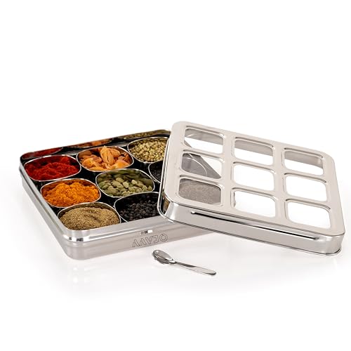Aavjo Square Stainless Steel Masala Spice Dabba Organiser Container | Dry Fruits Storage Box with 9 Slotted See Through Lid | Kitchen Airtight Stackable Box - Image 4