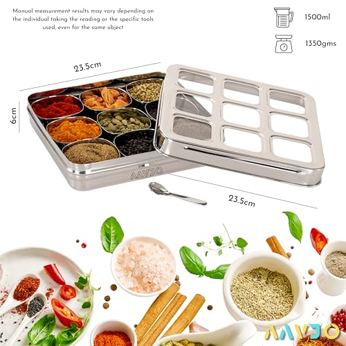 Aavjo Square Stainless Steel Masala Spice Dabba Organiser Container | Dry Fruits Storage Box with 9 Slotted See Through Lid | Kitchen Airtight Stackable Box - Image 2