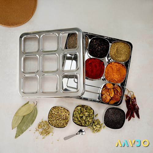 Aavjo Square Stainless Steel Masala Spice Dabba Organiser Container | Dry Fruits Storage Box with 9 Slotted See Through Lid | Kitchen Airtight Stackable Box - Image 3