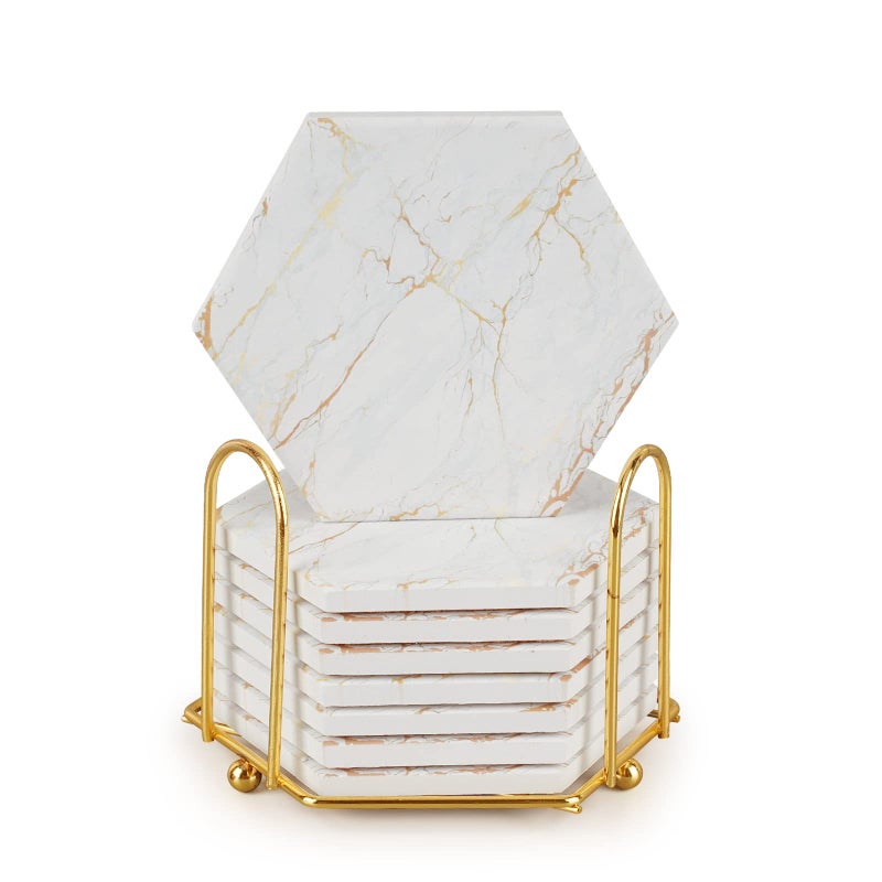 Geichan Coasters for Drinks with Holder Absorbent Marble Coasters Set of 8 Ceramic White and Gold Coasters for Coffee TableHousewarming GiftTabletop Protection Home Decor
