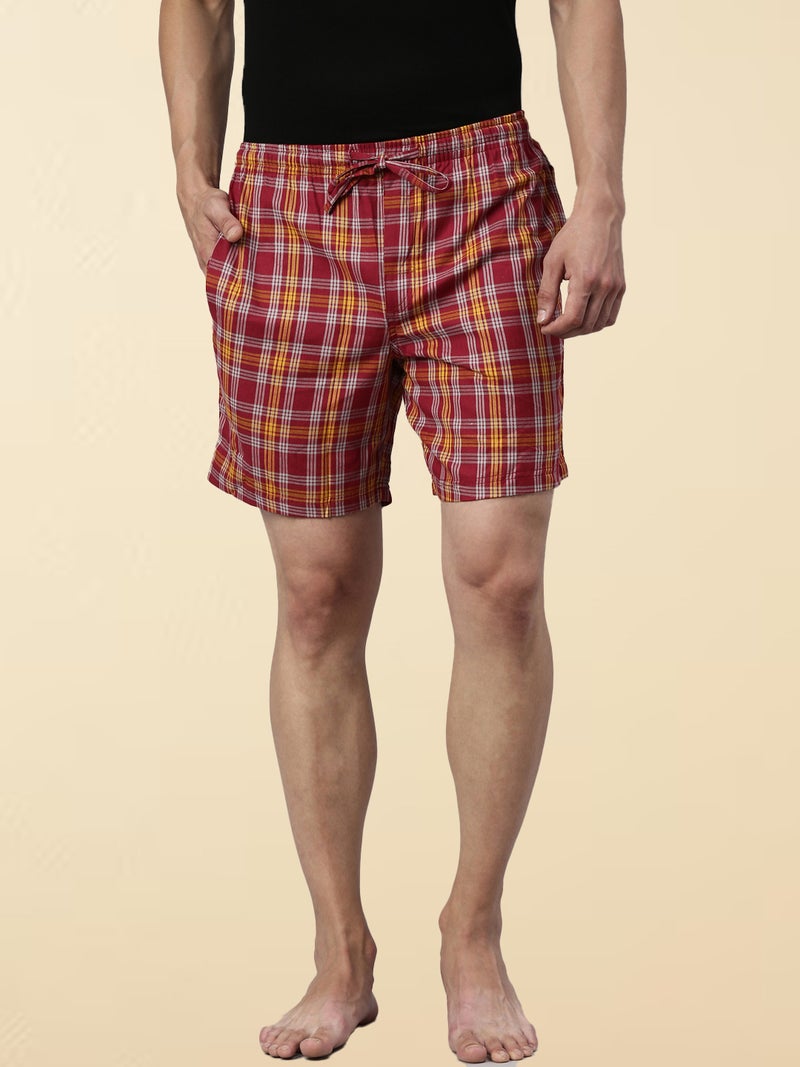 Joven Red and Yellow Checked Lounge Shorts for Men - Image 2